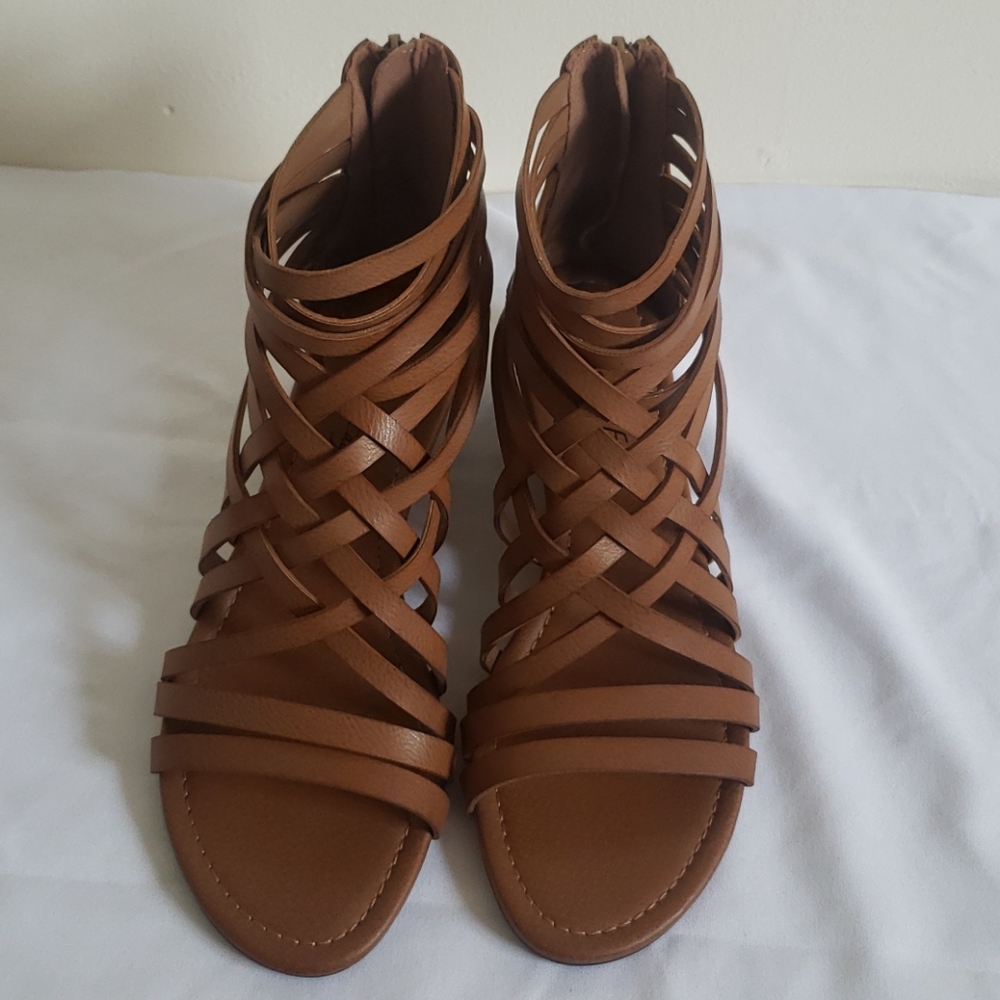 Tan Strappy Wedge Sandals